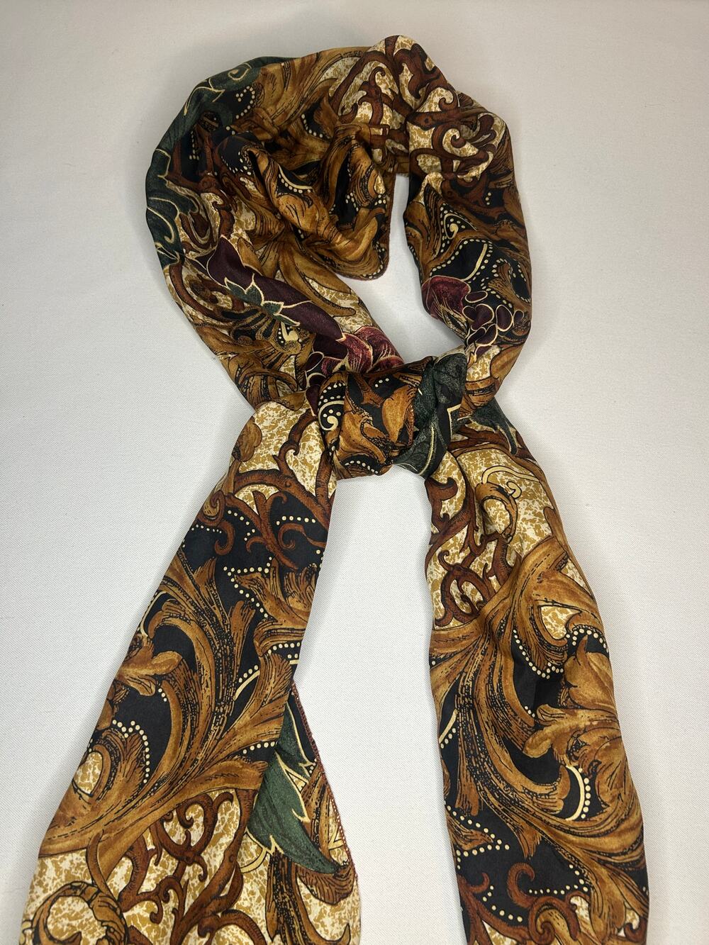 Vintage Baroque Floral Oblong Scarf Brown Green Burgundy Botanical 29x13
